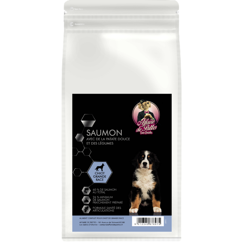 Affaire-de-pattes-grande-race-chiot-saumon-patate-douce-legumes Croquettes sans céréales - Saumon avec de la patate douce et des légumes - Chiot Grande race - Les Recettes d'Affaire de Pattes – Image 1